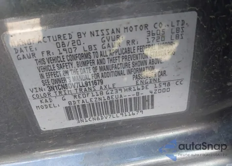 2020 Nissan Versa S Xtronic Cvt z USA, uszkodzony, nr VIN 3N1CN8DV7LL911679
